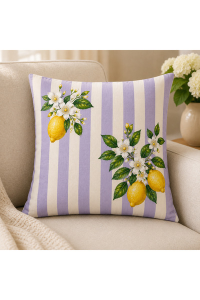 Piloji Lilac Striped Lemon Patterned Decorative Throw Pillow 43X43 cm Filled ...