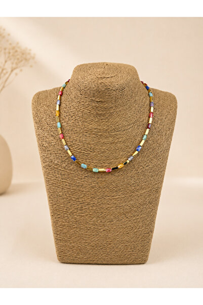 Takıtolia Avess Multi-Colored Gold Stylish Necklace with Gold-Colored Beads
