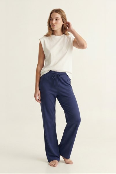Elemge 100% Cotton Single Jersey Compact Combed Cotton Fabric Women's Pajama Bottoms Loose Fit Light Navy Blue Wide Leg Drawstring Anti-Sweat Bottoms No Pockets Breathable