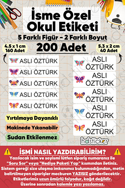 hdsticker 200 Adet Kelebek Desenli İsme Özel Okul Etiketi Kişiye Özel İsim Ba...
