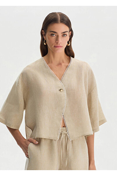 Knitss Stone Color Contrast Detailed Linen Top