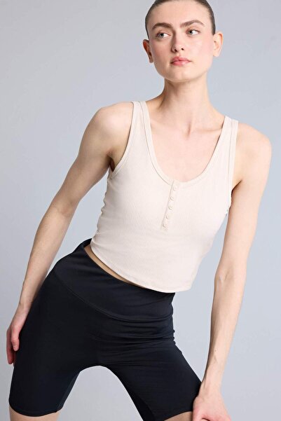 DeFacto Crop Top Buttoned Collar Sportsman Light Beige Athlete H1218Ax26Hs