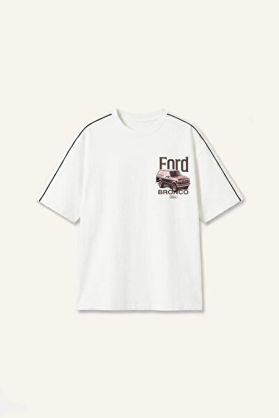 DeFacto Ford Motor Company Licensed Boxy Fit Printed Short Sleeve Ecru T-Shir...