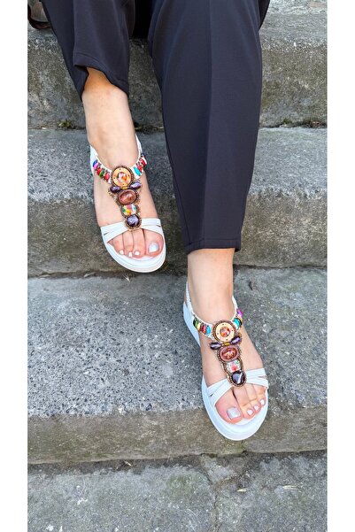 DERİ KABUSU Colored stone women's sandal