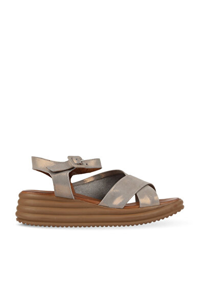 BUENO Khaki Glitter Leather Women's Wedge Heeled Sandals