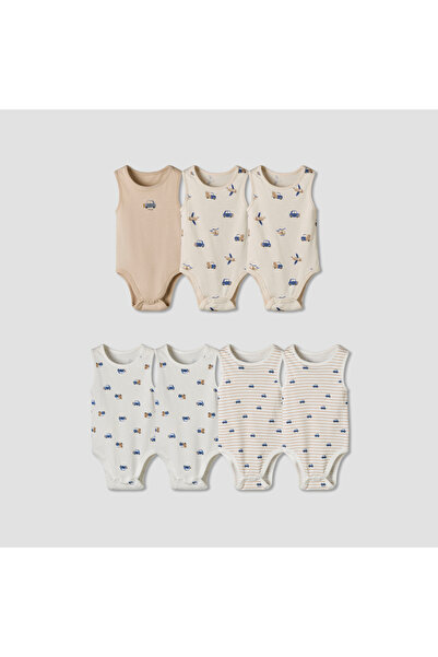 Juniors Pack of 7 Cotton Sleeveless Bodysuit with Vehicle Print