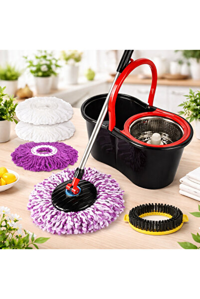 Vivendo Set Mop Rotativ 8 litri, Cuva din Inox, 4 Rezerve Diferite + Perie Ro...