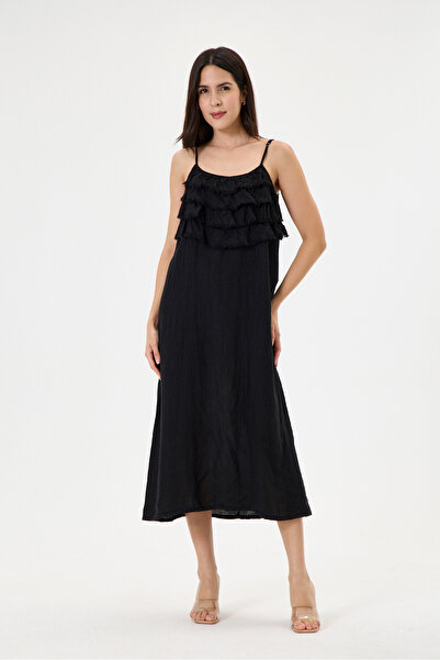 della moor Black Italian 100% Linen Dress with Tassel Collar and Adjustable S...