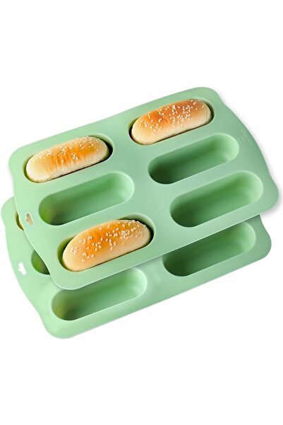 The Bros Silicone Hot Dog Bun Mold, 6-Cavity Non-Stick Baking Pan Set, Green,...