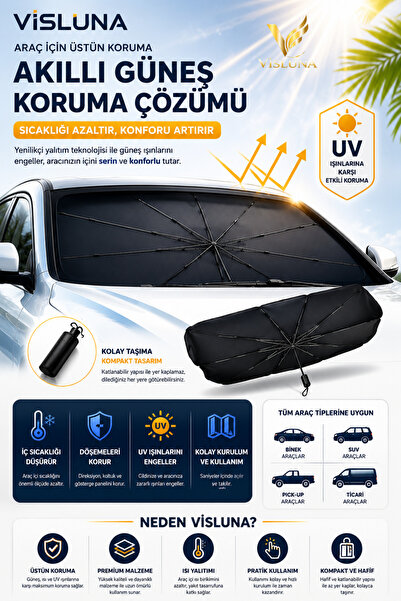 VİSLUNA Oto Güneşlik Şemsiye Katlanabilir Ön Cam Güneş Koruyucu UV Engelleyici 140x75'Cm Isı Yalıtımlı Araba Güneşliği