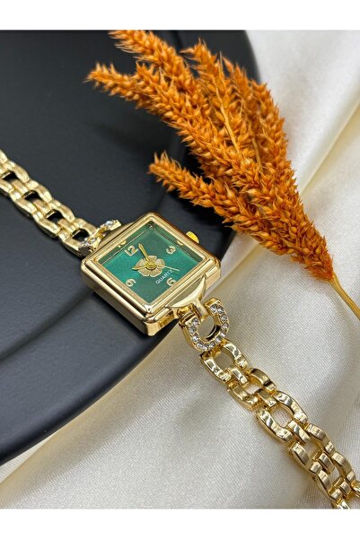 rycollections ساعة نسائية أنيقة من تايم إست بتصميم مربع ومينا خضراء وسوار ذهب...