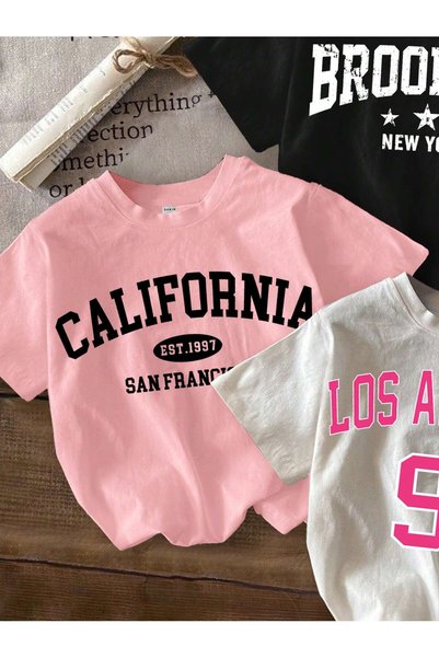SVART WEAR Printed Black - White - Pink 3-Piece Children's T-Shirt 100% Cotton Short Sleeve Knitted Crew Neck