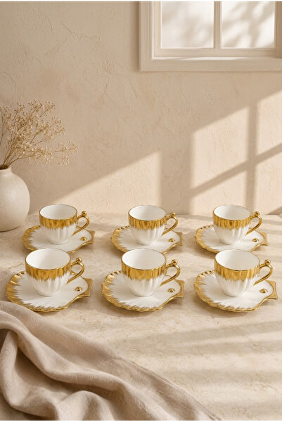 Vadi Gold Gilded Oyster Model Porcelain Turkish Coffee Cup Set for 6 People