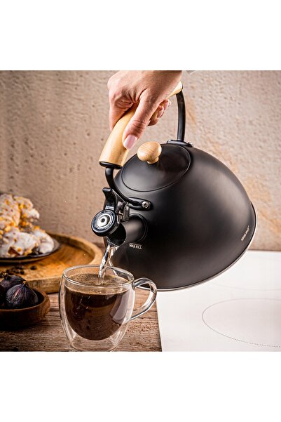Kinghoff Fierbător cu fluier, 2 L, negru, mâner din lemn, oțel inoxidabil