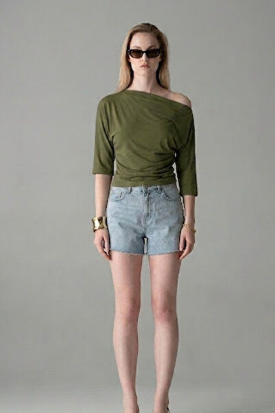 COMBİNE MİCHAİL Women's Short Sleeve Cotton Slim Fit Khaki T-Shirt