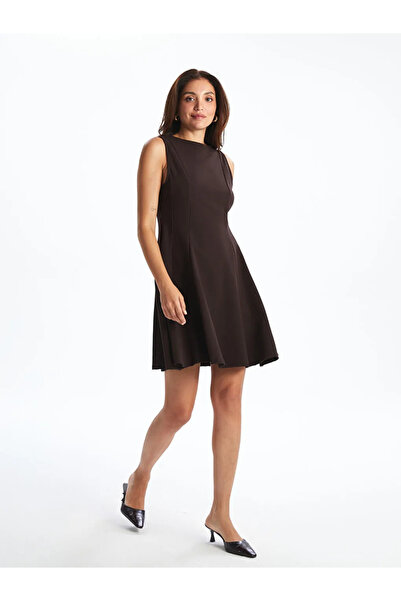 LC Waikiki Brown Crew Neck Peplum Mini Dress