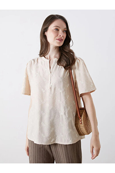 LC Waikiki Ecru Collarless Blouse with Floral Embroidery