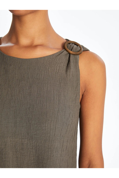 LC Waikiki Khaki Crew Neck Textured A-Line Mini Dress