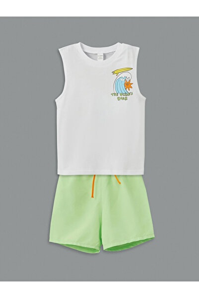 LC Waikiki White Crew Neck Boys' Tank Top and Swim Shorts 2-Piece Set