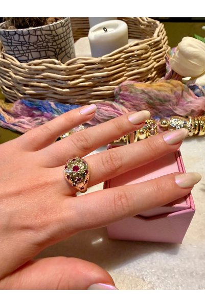 Merishe Jewerly Gold Pink Stone Curved Anti-Tarnish Adjustable Anti-Tarnish Ring