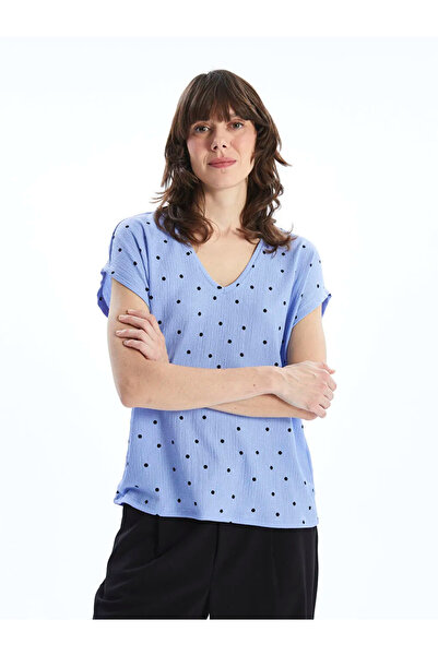 LC Waikiki Lilac V-Neck Polka Dot Women's T-Shirt