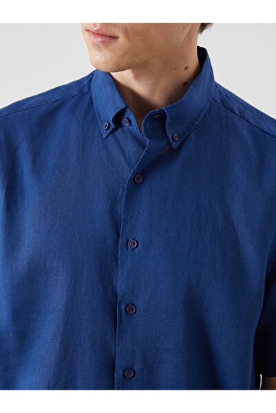 LC Waikiki Blue Regular Fit Short Sleeve 100% Linen Men's Shirt