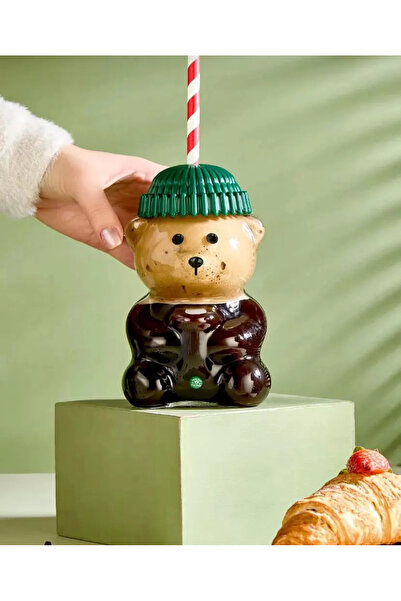 Generic Brand Bear Figured Glass Cup with Straw and Beret Design - Decorative...