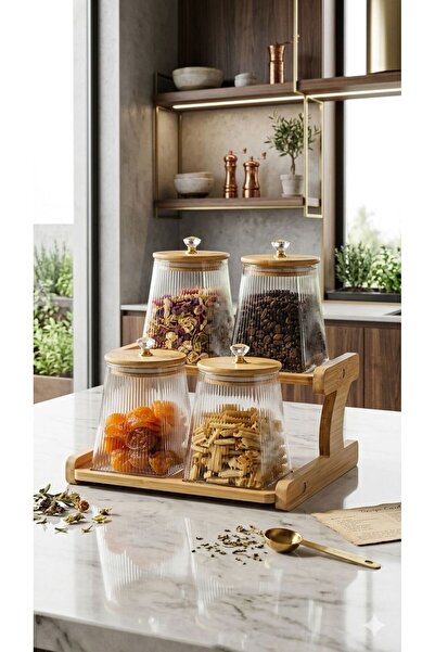 ExtraHome 4Pcs Glass Storage Jars Set with Bamboo Lids and Wood Shelf