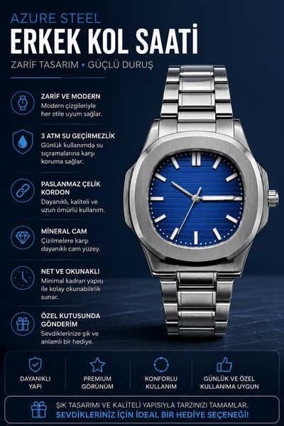 Valens Azure Steel Erkek Kol Saati Mavi Kadran Gümüş Renk Çelik Kordon Analog...