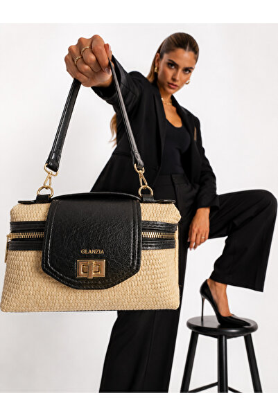 NEVERMİND Glanzia Aura Noir Straw Bag Black Straw Women's Shoulder Bag Stylis...