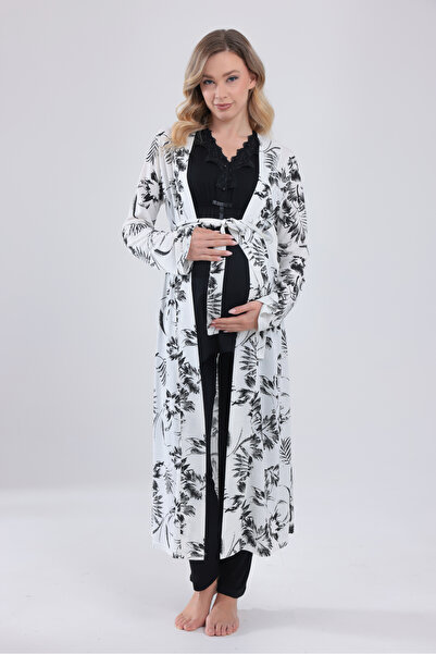 BLACKMORE Women's Black Lace Strap Patterned Cotton Maternity Dressing Gown 3...