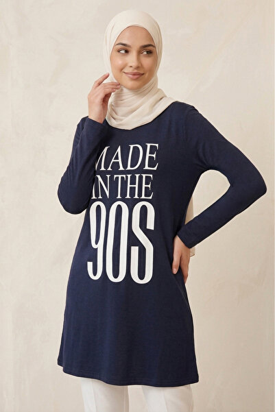 TOFİSA Printed Long Sleeve Tunic Navy Blue - 2112-Lacivert