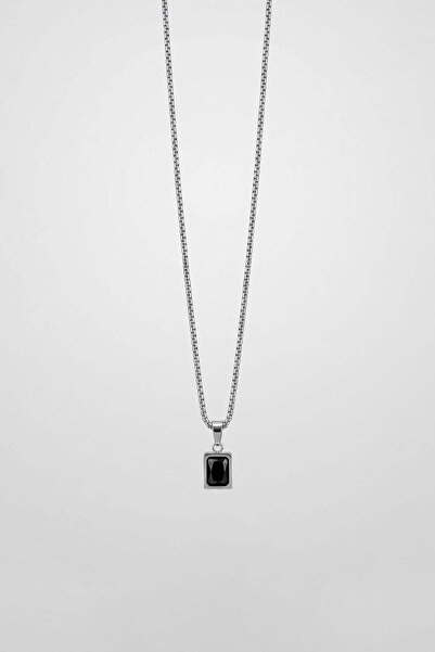 ablukaonline Unisex Square Stone Detailed Steel Chain Necklace Silver