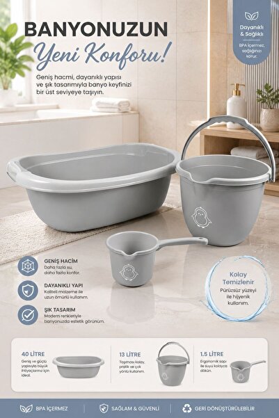3-Piece Baby Bathroom Set - Baby Bathtub - Bucket- Mug - D3 GRAY