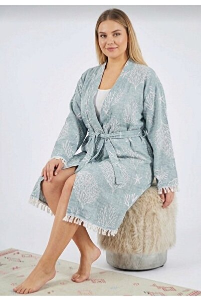 SEMTEKSTİL Curve (Plus Size) 100% Cotton Woven Patterned Pocketed Kimono Dres...