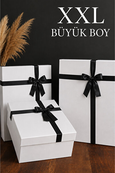 SİMGE KUTU Beyaz Hediye Kutusu Kurdeleli 3 Lü Set XXL Büyük Boy Bohça Kutusu