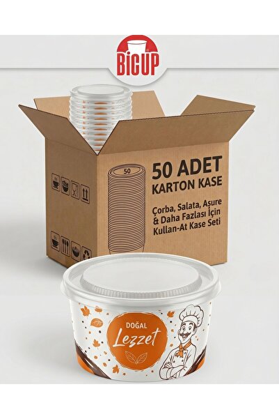 BiCUP 50 Adet Kapaklı Karton Kase Çorba Salata Aşure Yemek Kasesi Piknik Taba...