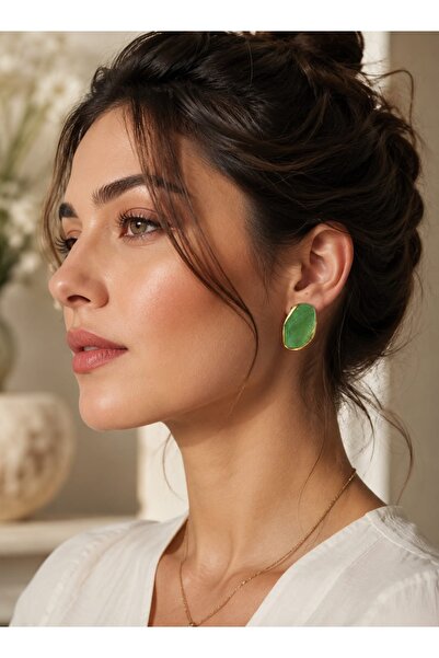 EL YAPIMI Gold Framed Green Stone Design Women's Earrings