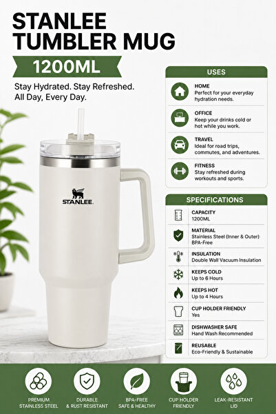 Baytix HOME STANLEE 1200ML Vacuum Flask Tumbler Stainless Steel Travel Mug wi...