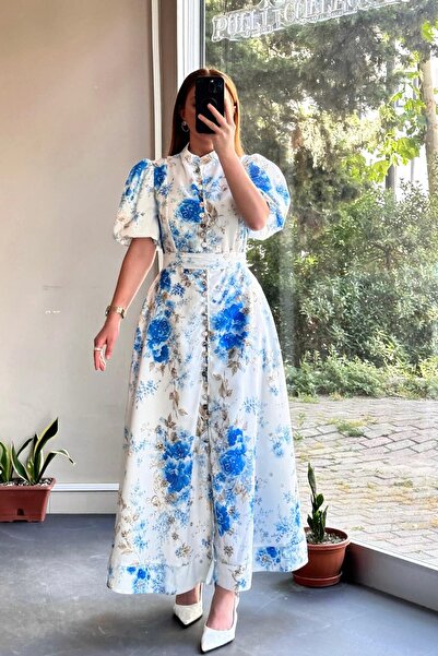 Pulli Collection Blue Floral Patterned Belted Linen Maxi Dress