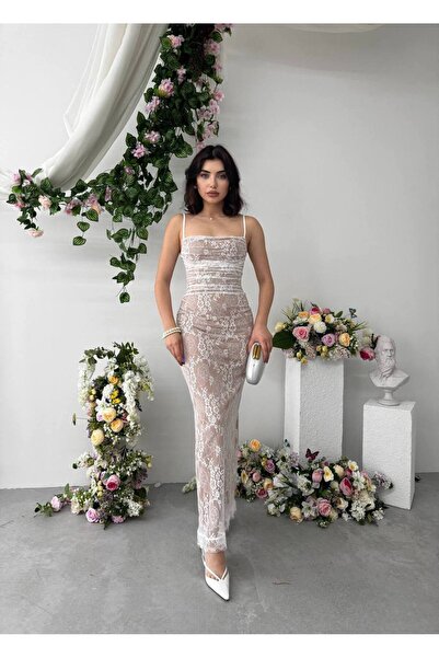 ETİKAFASHION İnce Askılı Dantel Maxi Boy Elbise