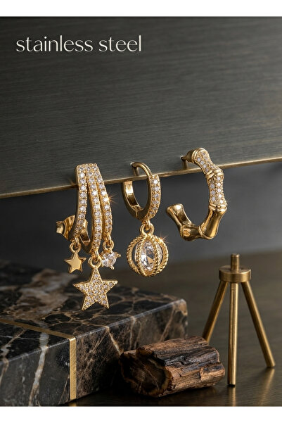 stainless steell pirinç zirkon taşlı sallantılı yıldız model gold renk 3'lü k...