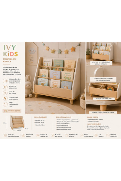 Genel Markalar IVY KIDS Montessori Kitaplık Çocuk Odası Kitap Standı MDF Kita...