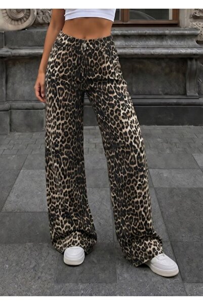 alanora Pantaloni Palazzo cu talie înaltă, cu imprimeu leopard, pentru femei