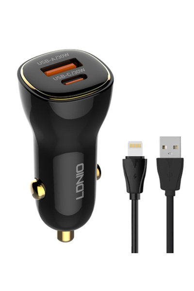LDNIO φορτιστής αυτοκινήτου C103 με καλώδιο Lightning, USB/USB-C, 60W, μαύρος