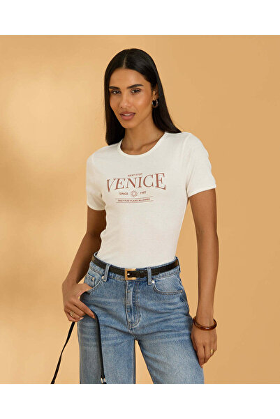 REDTAG Women Ivory Venice Printed Ribbed T Shirt