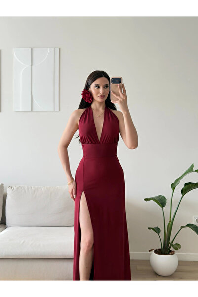 Zoom Butik Halter Yaka Sırt Bağlamalı Yırtmaçlı Maxi Elbise - BORDO