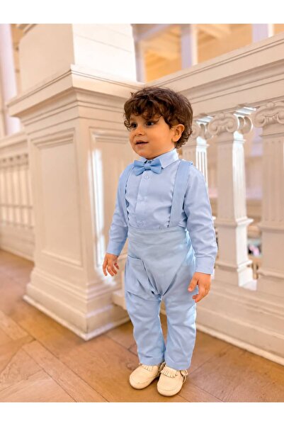 favorimkids Boy's Long Baby Blue Shirt Bow Tie Suspender Salopet Suit
