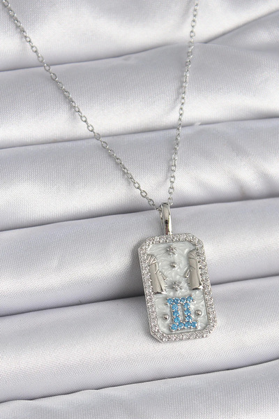 ALKASAZ 316L Steel Silver Color Chain Gemini Zodiac Sign Zircon Stone Women's...