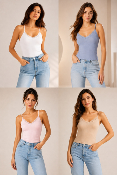 fevien 4-Pack Women's Cotton Thin Strap Lace Detailed Crew Neck Ribbed Flexib...